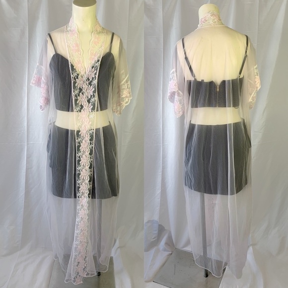 LADY CAMEO PINK LACE NIGHTWEAR LONG SHEER ROMANTIC ROBE VINTAGE  WOMEN LARGE - Picture 3 of 16